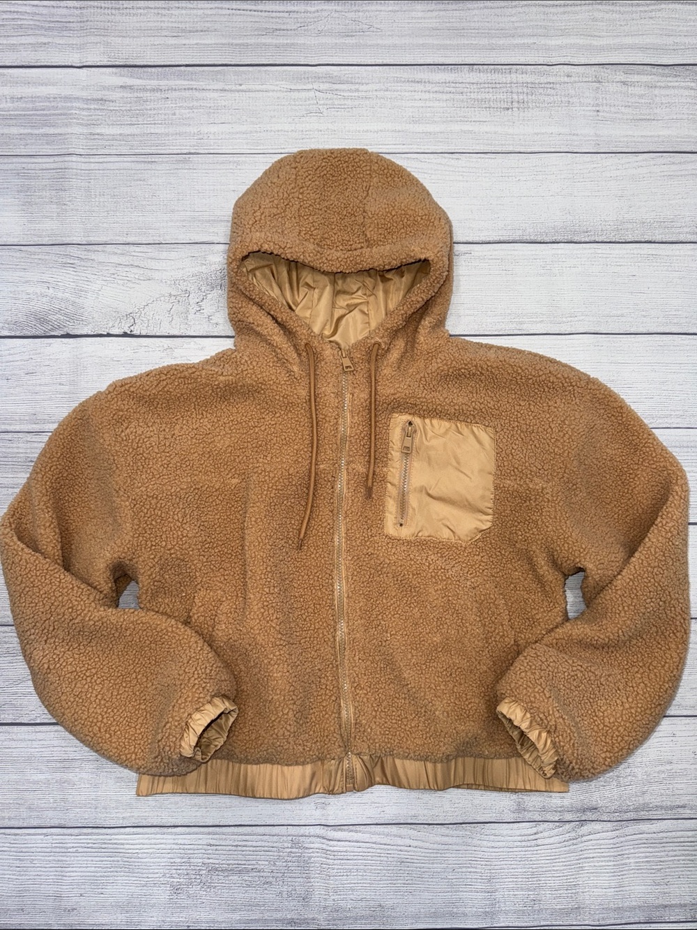 iris Tan Teddy Zip-Up Semi-Cropped Hooded Jacket